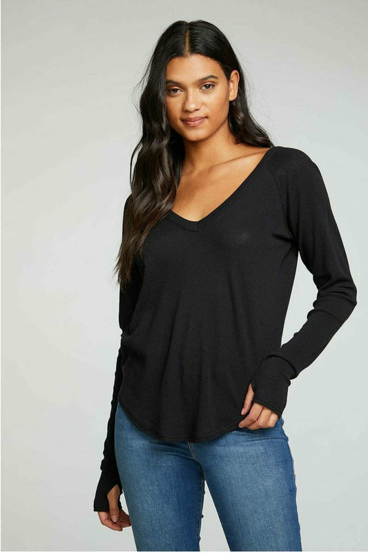 Chaser Heritage Waffle Long Sleeve Double V Neck Shirttail Tee with Thumbholes - Top - Chaser - Ten North