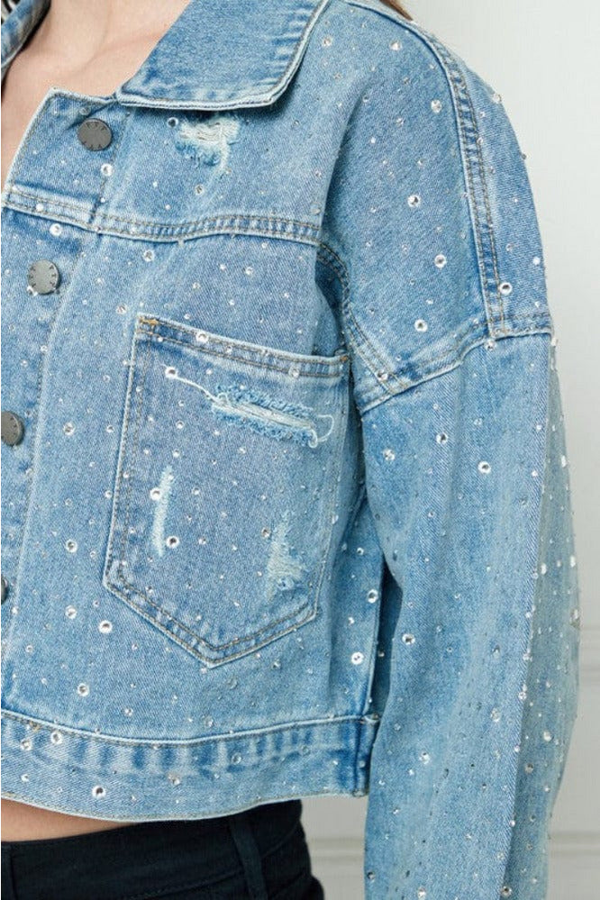 Ten North Paint The Town All Over Rhinestone Cropped Denim Jacket