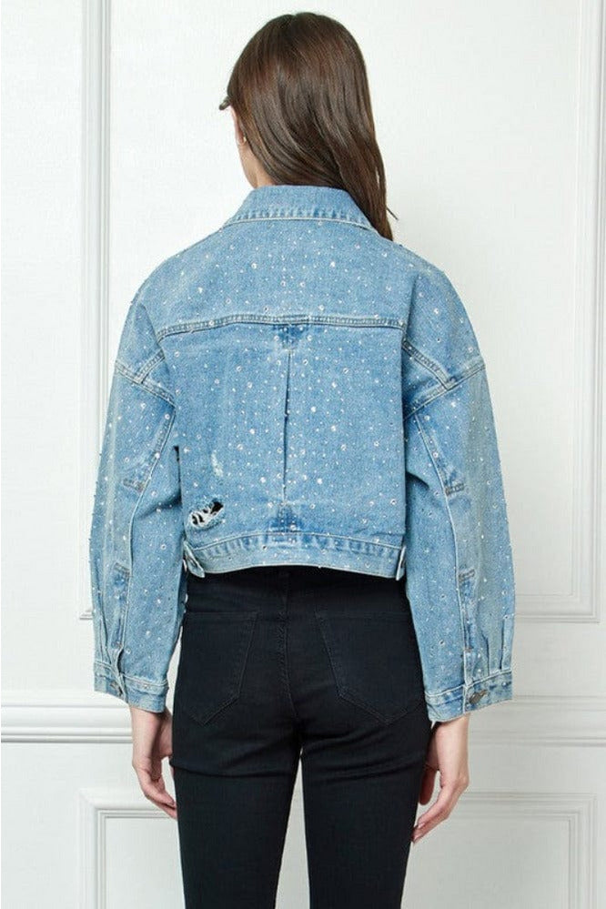 Ten North Paint The Town All Over Rhinestone Cropped Denim Jacket